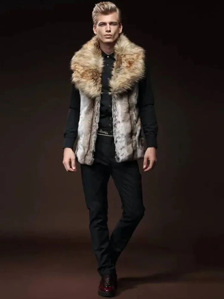 Men's Slim Fit Faux Fur Vest - Lapel Big Fur Collar Short Waistcoat | Brown Leather Jacket for Winter Warmth