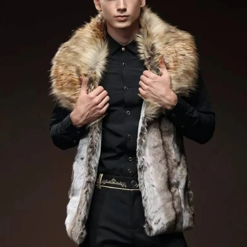 Men's Slim Fit Faux Fur Vest - Lapel Big Fur Collar Short Waistcoat | Brown Leather Jacket for Winter Warmth