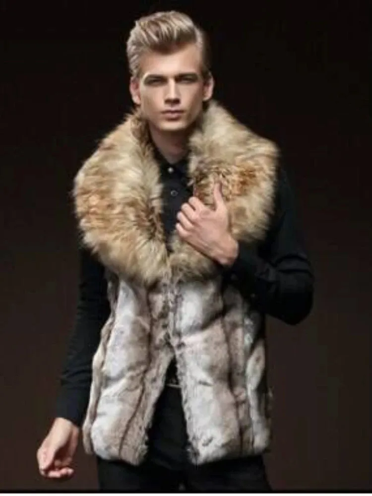 Men's Slim Fit Faux Fur Vest - Lapel Big Fur Collar Short Waistcoat | Brown Leather Jacket for Winter Warmth