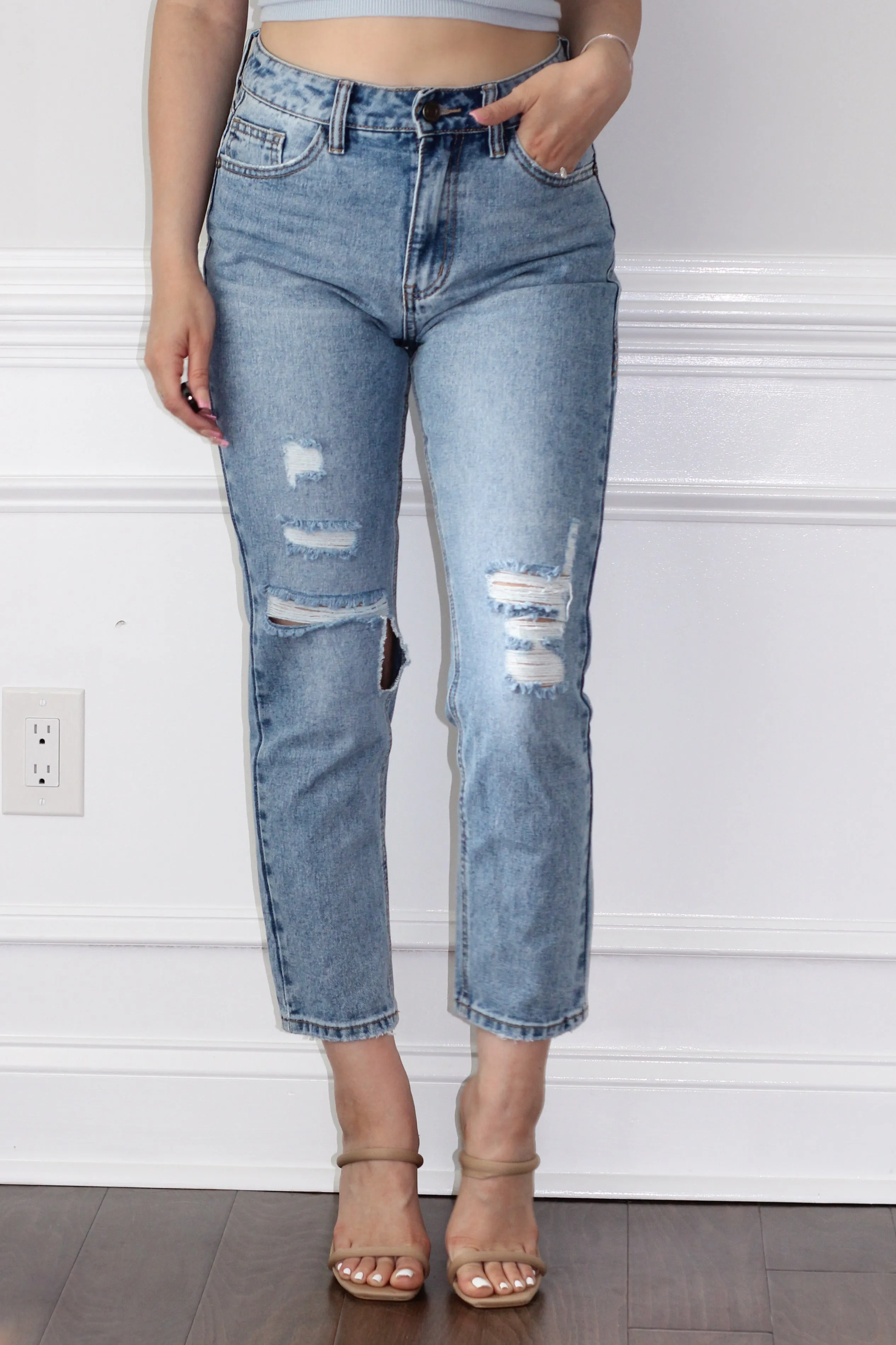 On My Way Distressed Straight Leg Denim