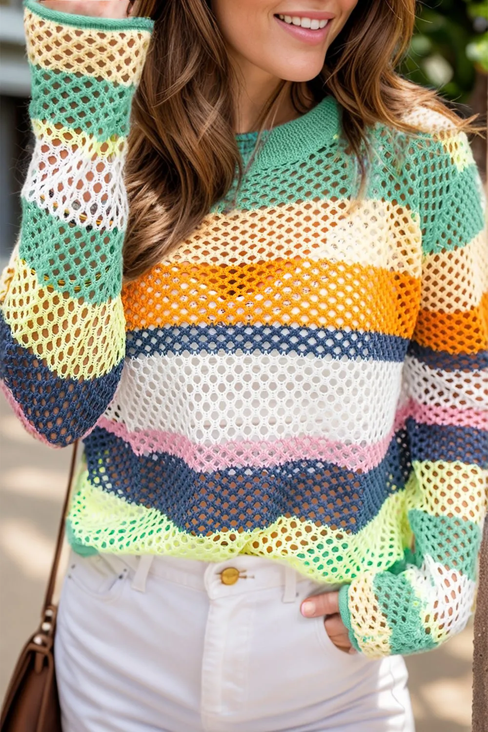 Openwork Color Block Round Neck Knit Top