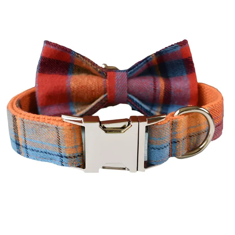 Orange Blue Plaid Collar with Detachable Bow Tie Personalized Leash Set