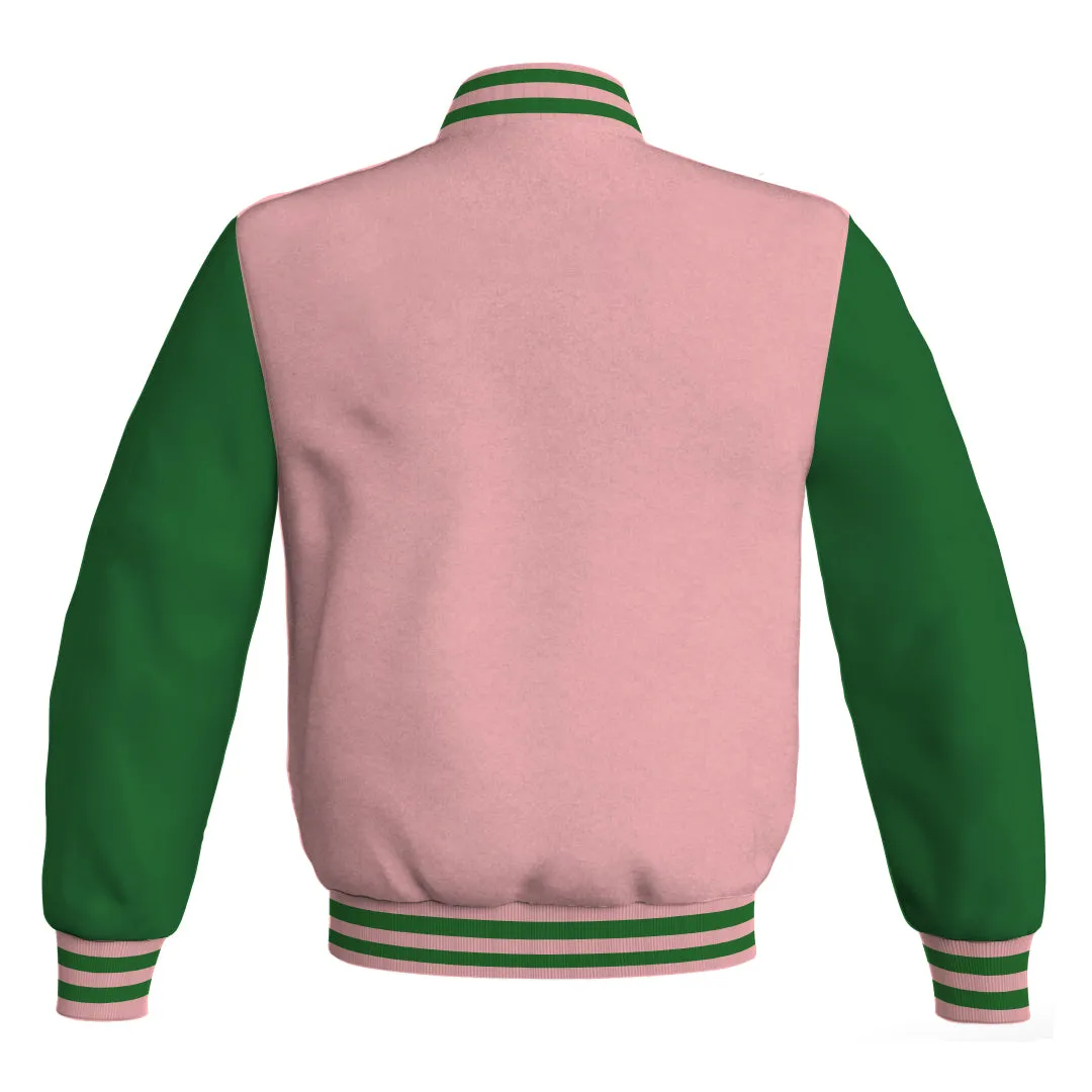 Personalized Varsity Jacket Pink Body and Green Leather Sleeves Bomber Jacket