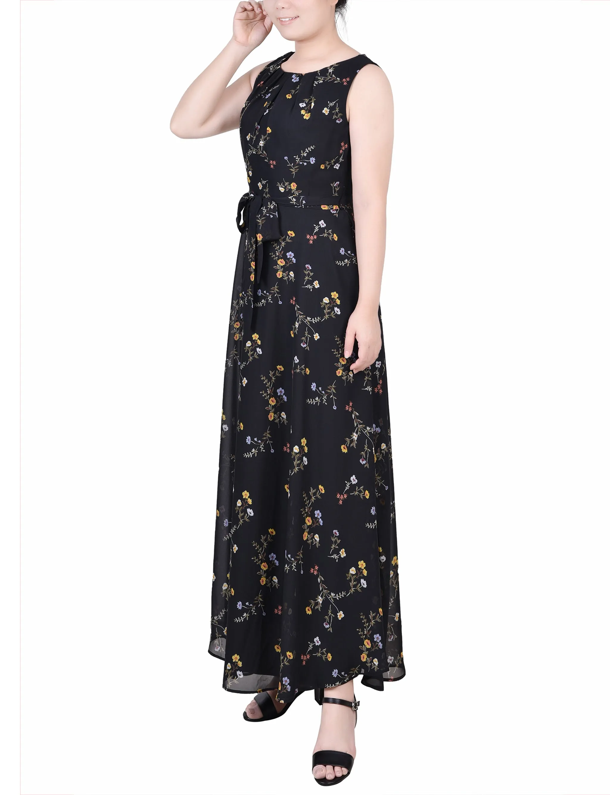 Petite Sleeveless Belted Chiffon Maxi Dress