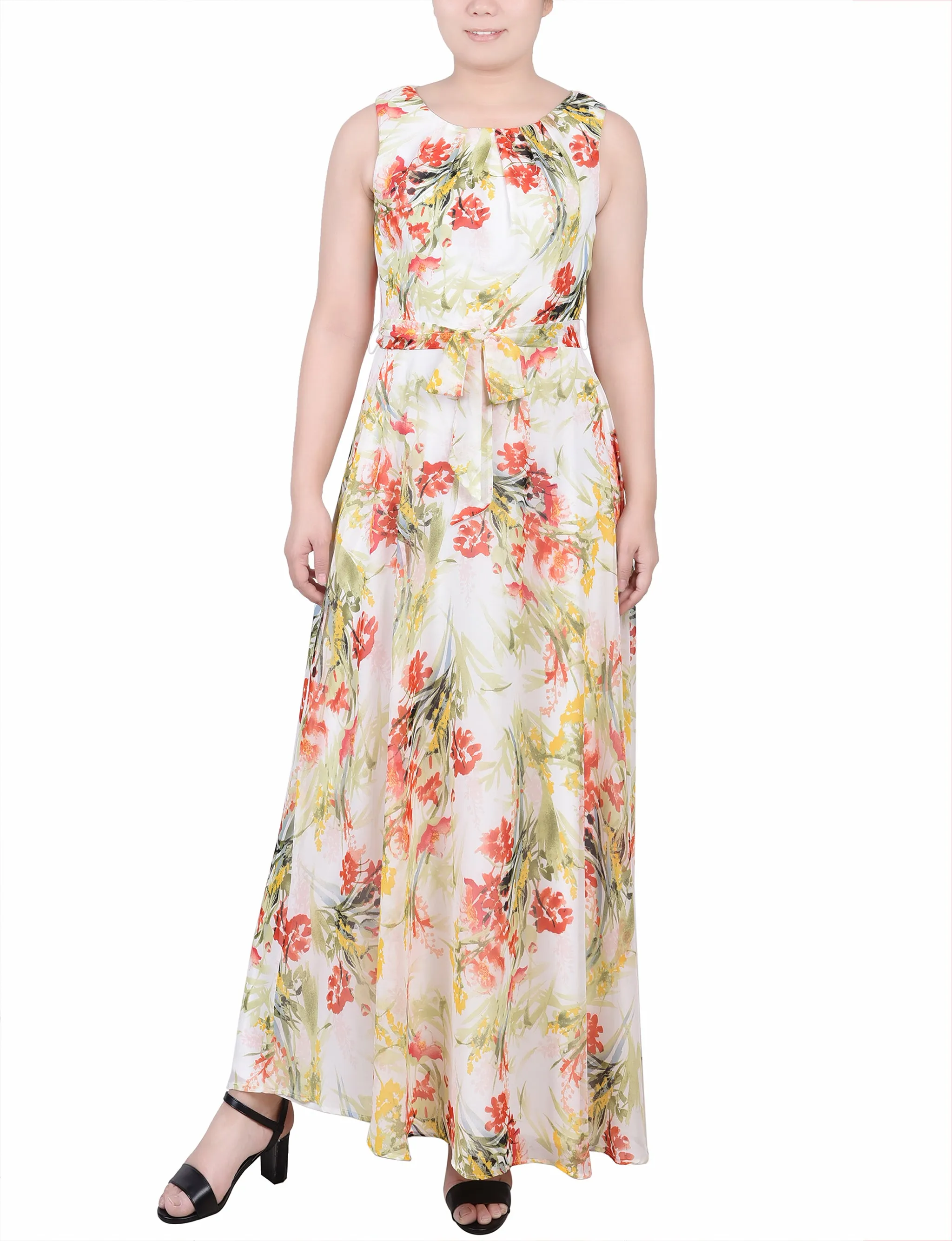 Petite Sleeveless Belted Chiffon Maxi Dress