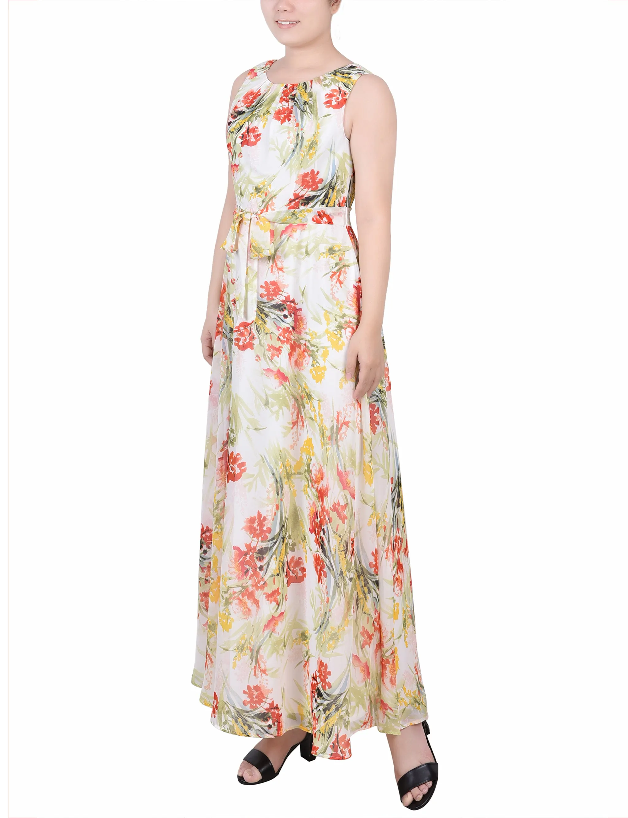 Petite Sleeveless Belted Chiffon Maxi Dress