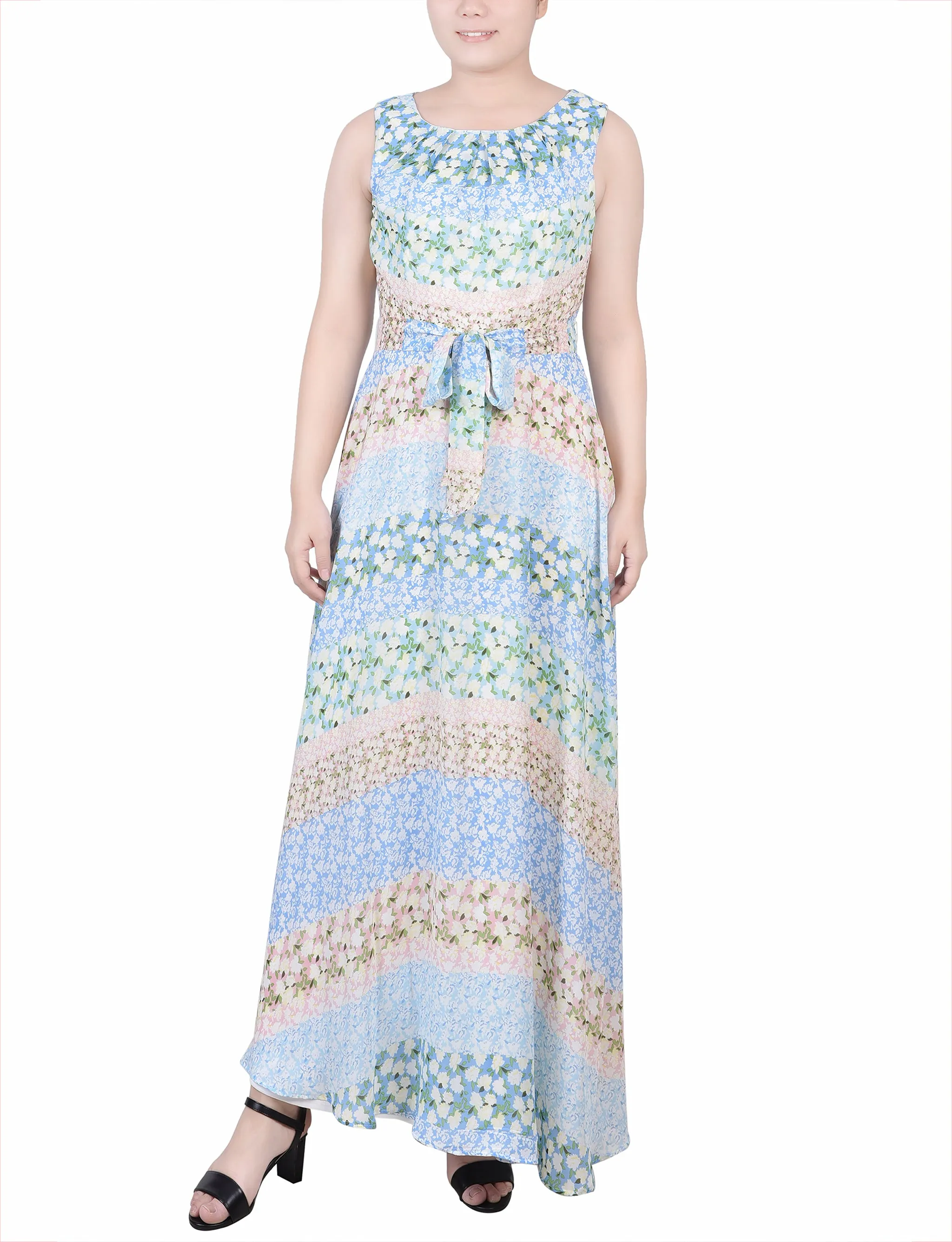 Petite Sleeveless Belted Chiffon Maxi Dress