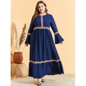 Plus Size Flare Long Sleeve Embroidery High-Waist Maxi Dress