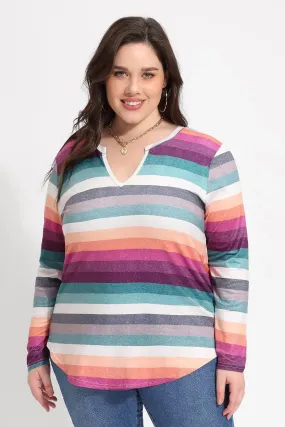 Rainbow Stripe V-neck Elastic Loose Shirt Top