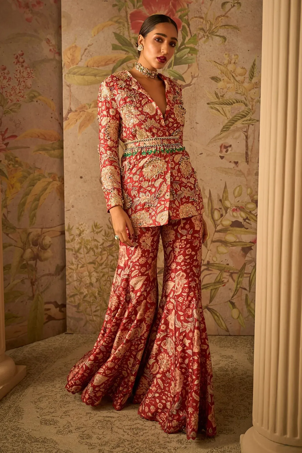 Red Printed Raw Silk Embroidered Jacket and Printed Flared Pants