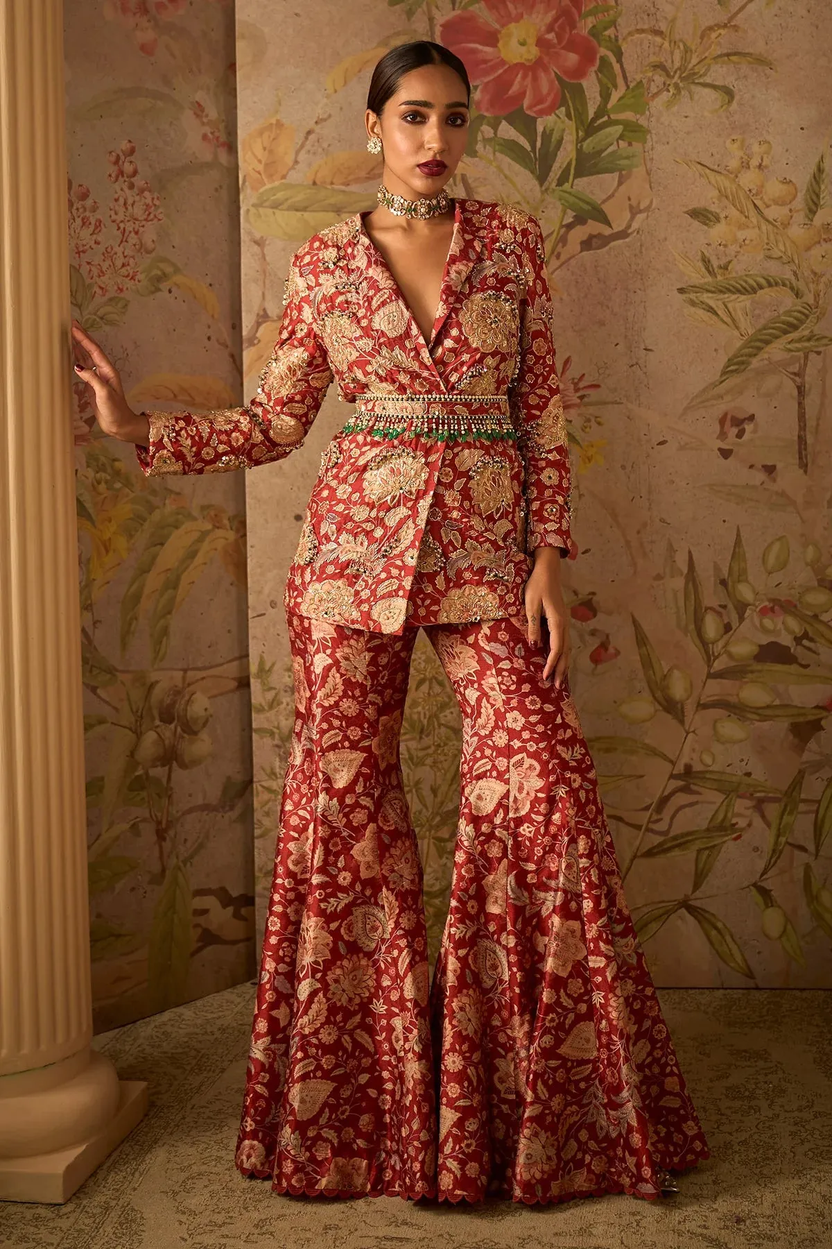 Red Printed Raw Silk Embroidered Jacket and Printed Flared Pants