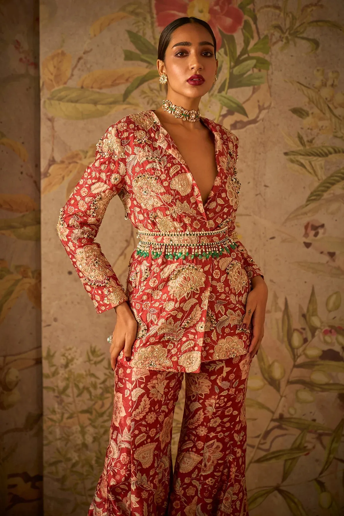 Red Printed Raw Silk Embroidered Jacket and Printed Flared Pants