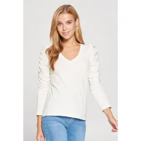 RUCHED SLEEVE V-NECK TOP