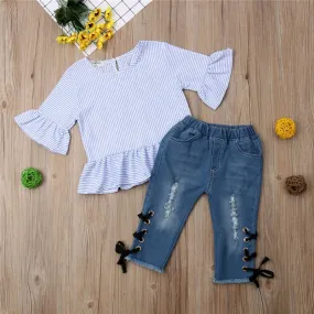 Ruffle Stripe Top & Denim Lace Up Jeans Set