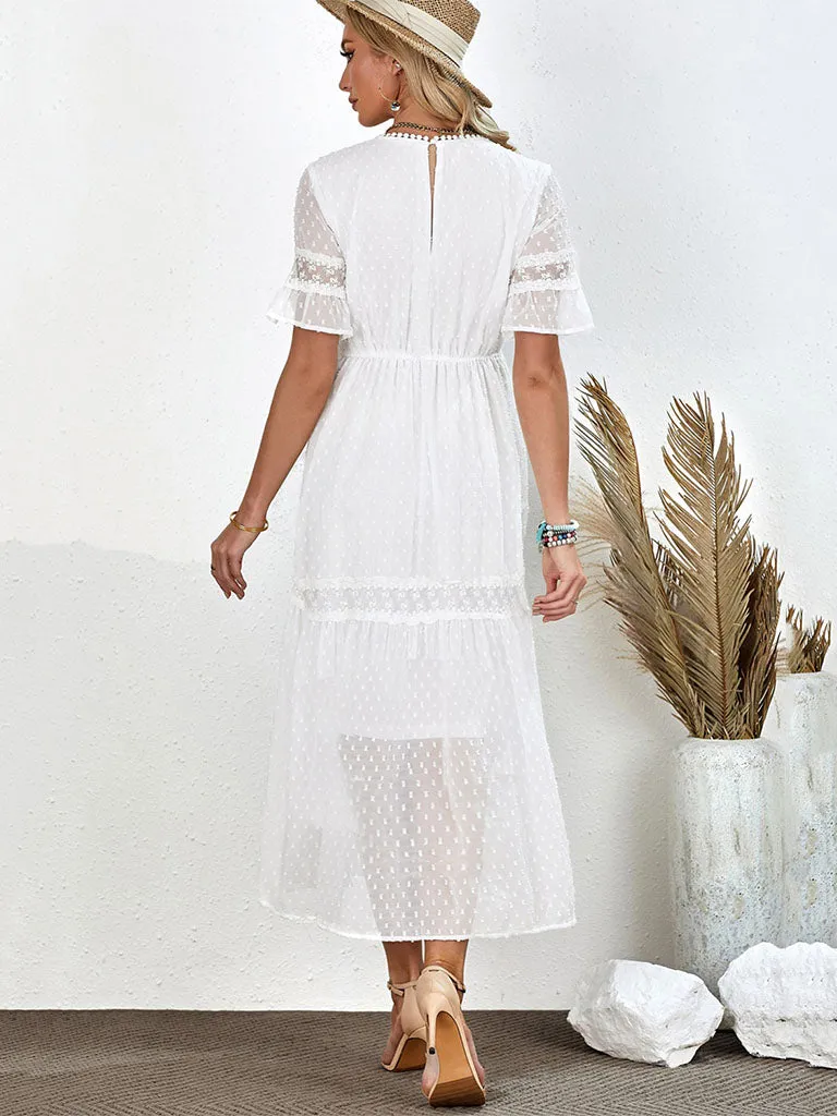 Semi-Sheer Short Sleeves Cut Out High Waist Maxi Boho Dress