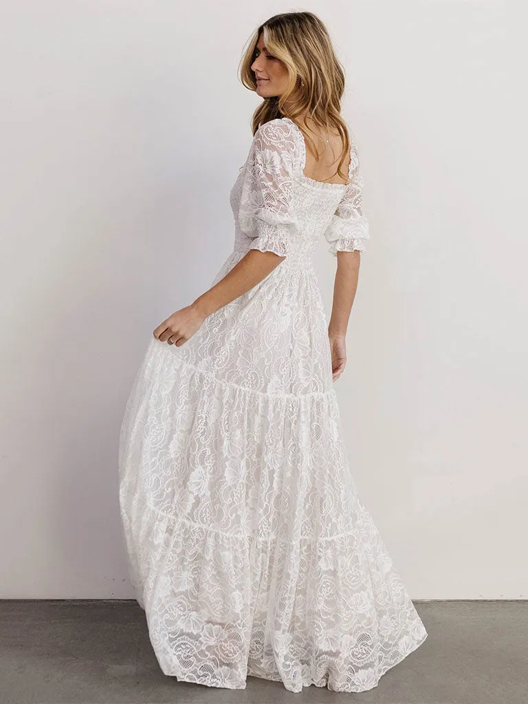 Short Semi-Sheer Sleeves Lace Square Neck High Waist Maxi Boho Dress