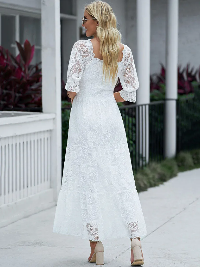 Short Semi-Sheer Sleeves Lace Square Neck High Waist Maxi Boho Dress