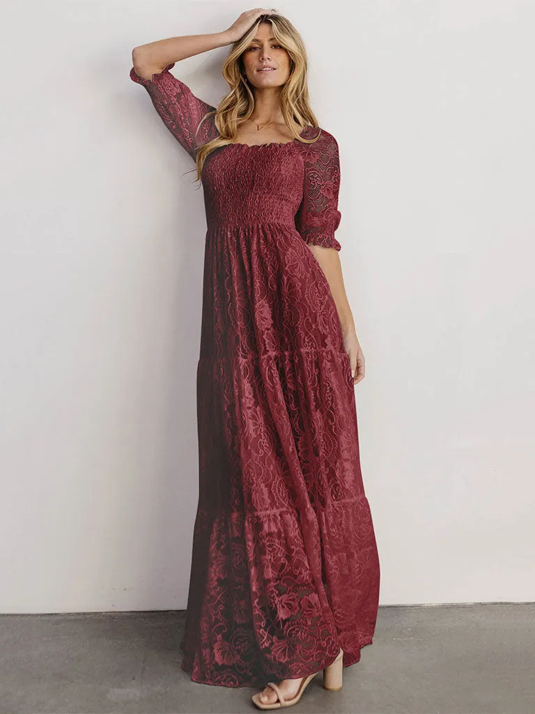 Short Semi-Sheer Sleeves Lace Square Neck High Waist Maxi Boho Dress