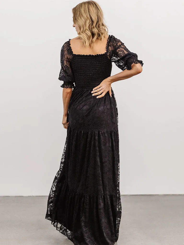 Short Semi-Sheer Sleeves Lace Square Neck High Waist Maxi Boho Dress