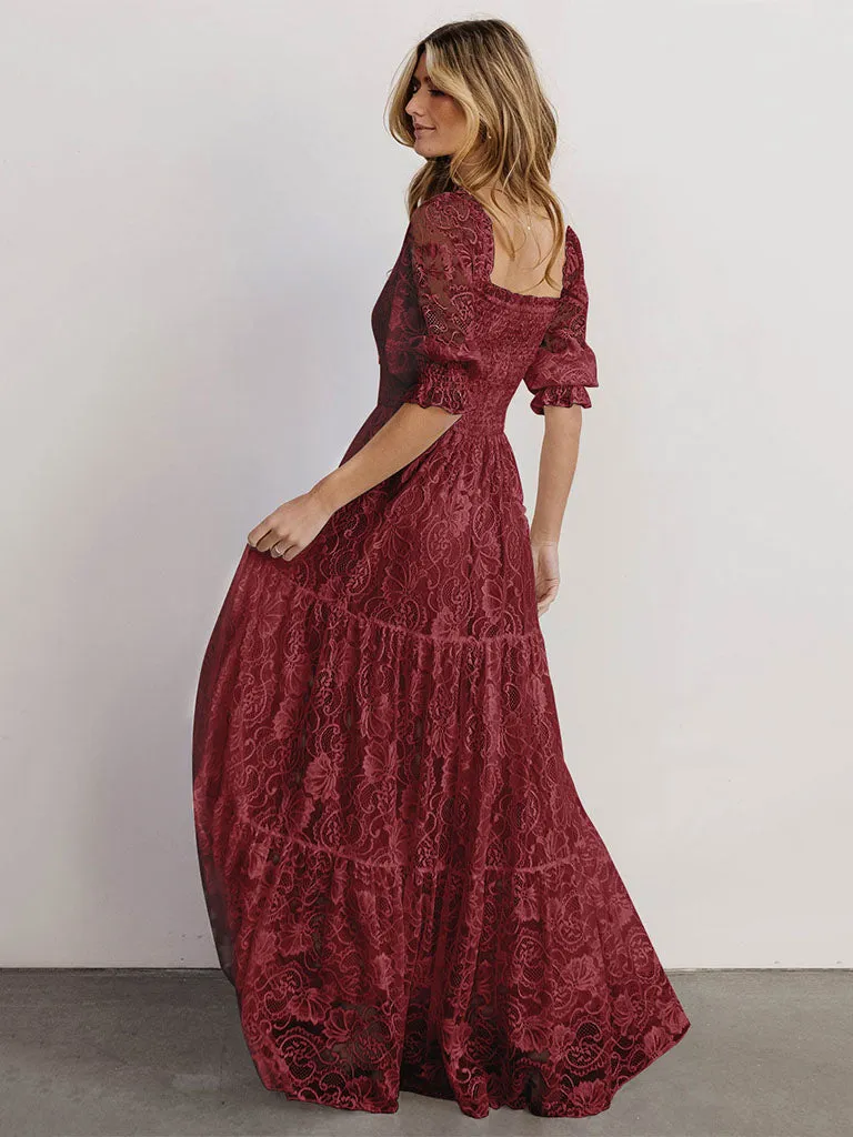 Short Semi-Sheer Sleeves Lace Square Neck High Waist Maxi Boho Dress