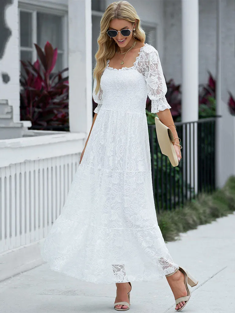 Short Semi-Sheer Sleeves Lace Square Neck High Waist Maxi Boho Dress