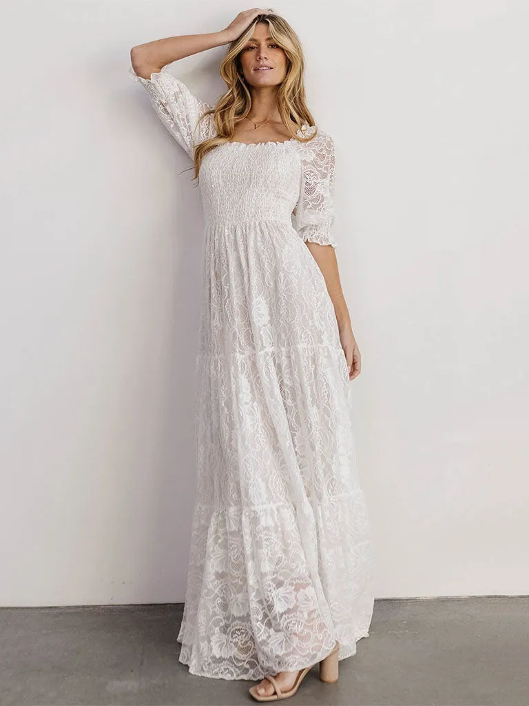 Short Semi-Sheer Sleeves Lace Square Neck High Waist Maxi Boho Dress