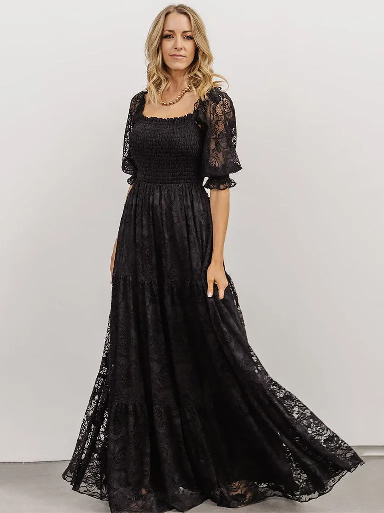 Short Semi-Sheer Sleeves Lace Square Neck High Waist Maxi Boho Dress