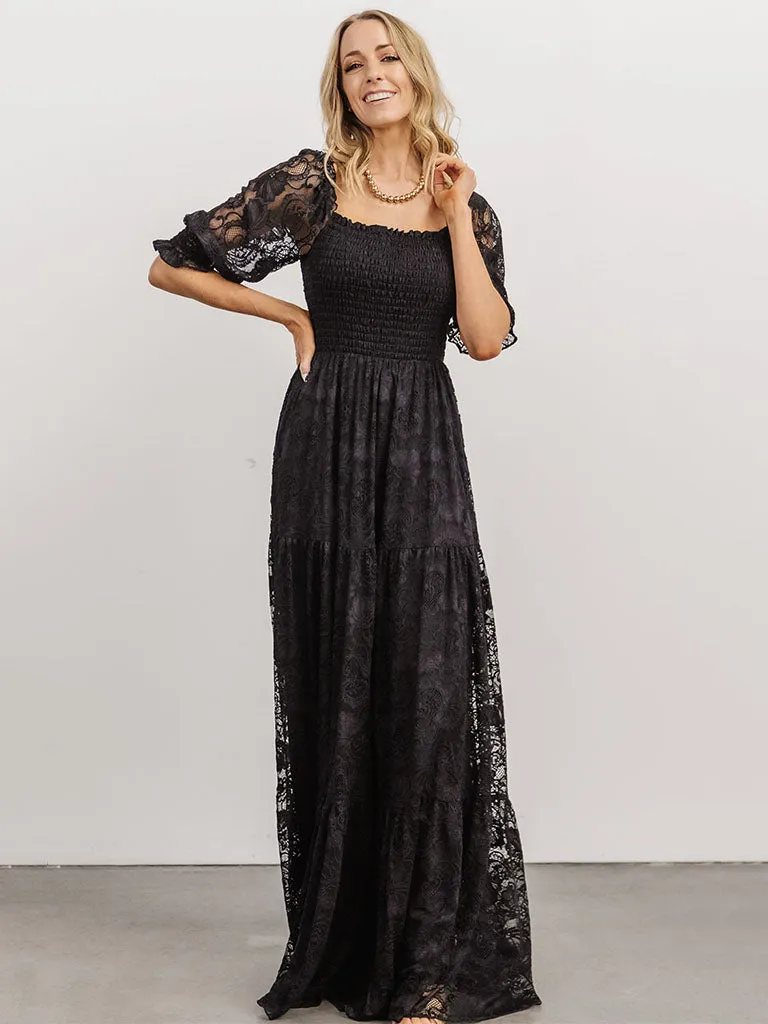 Short Semi-Sheer Sleeves Lace Square Neck High Waist Maxi Boho Dress