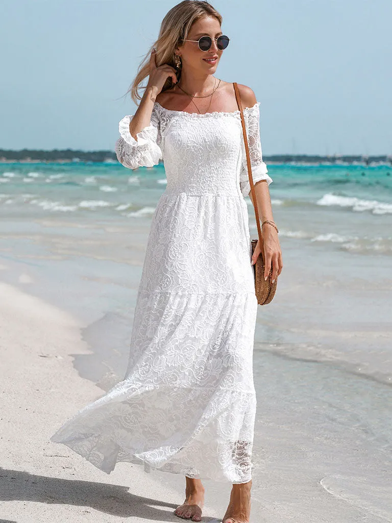 Short Semi-Sheer Sleeves Lace Square Neck High Waist Maxi Boho Dress