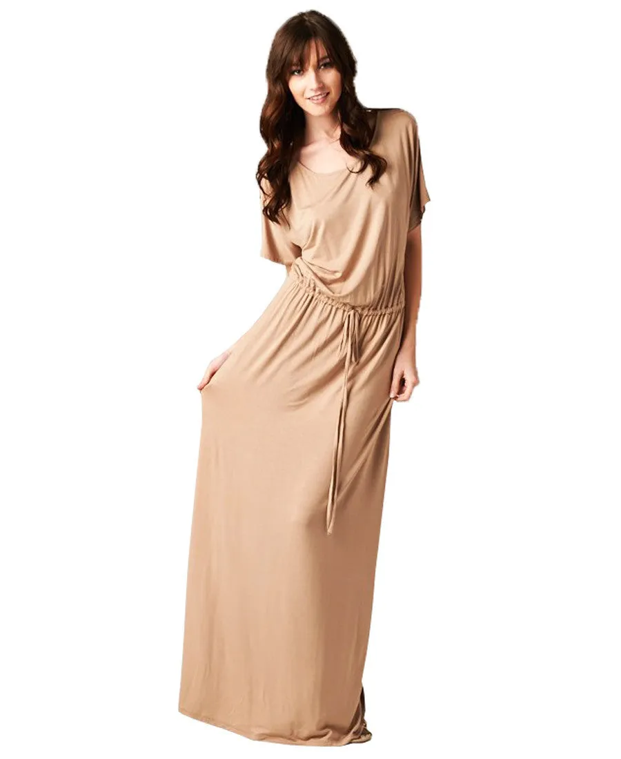 Short Sleeve Dolman Boyfriend Maxi Dress with Elastic Waist Drawstring Mocha