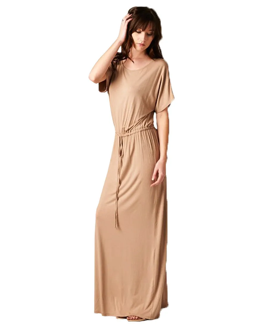 Short Sleeve Dolman Boyfriend Maxi Dress with Elastic Waist Drawstring Mocha