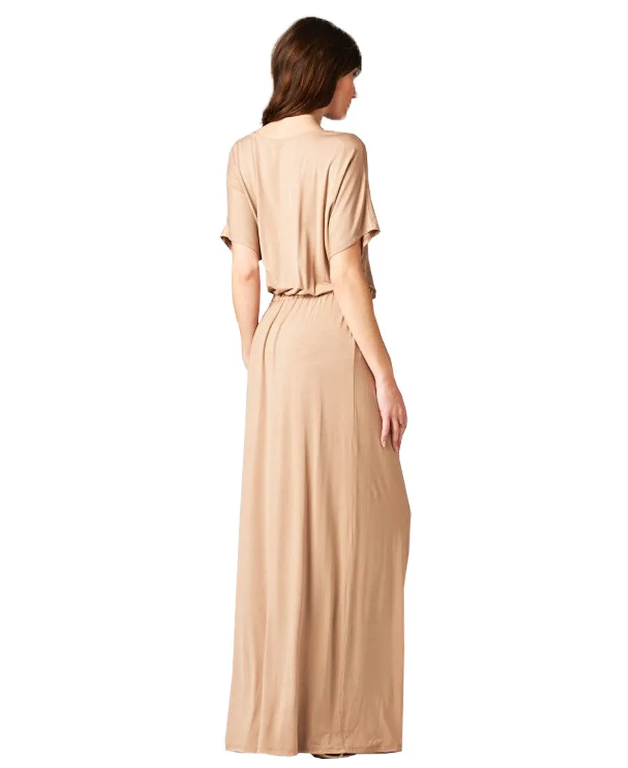 Short Sleeve Dolman Boyfriend Maxi Dress with Elastic Waist Drawstring Mocha