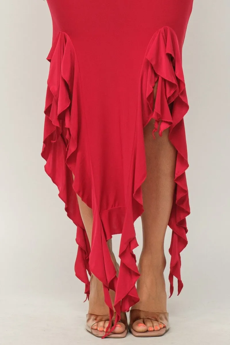 Solid Bottom Ruffle Trim Hem Slit Tube Maxi Dress