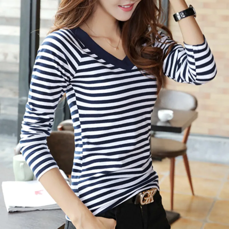 T-Shirt Women 2019 Four Seasons New Top Shirts Long sleeve T-shirt Striped Female