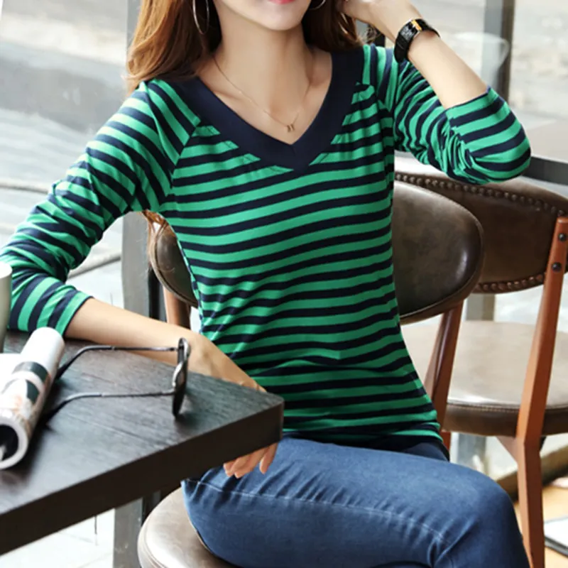 T-Shirt Women 2019 Four Seasons New Top Shirts Long sleeve T-shirt Striped Female