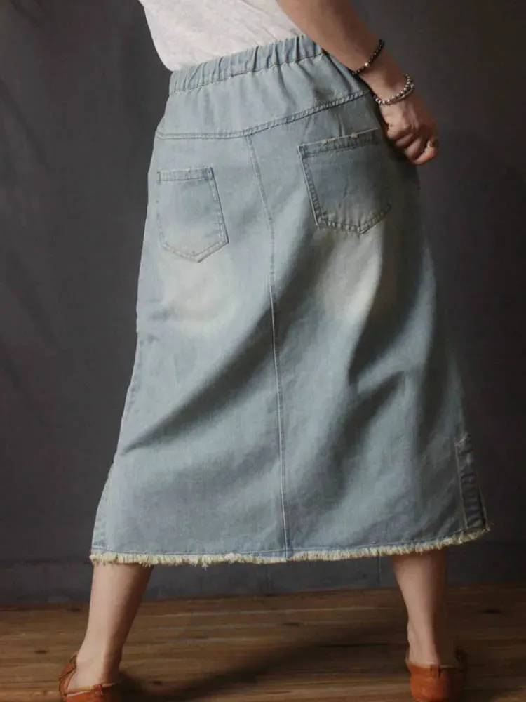 Vintage Loose Embroidery Denim Skirt Ladies Casual Floral Streetwear