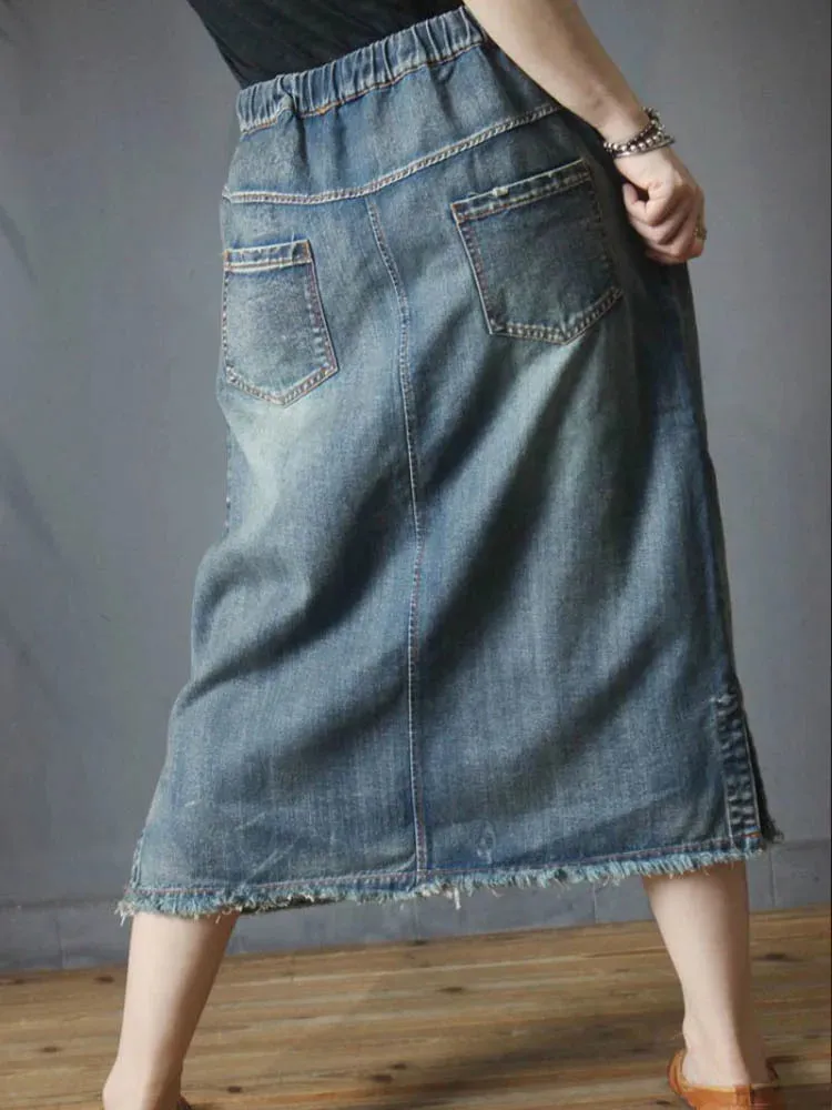 Vintage Loose Embroidery Denim Skirt Ladies Casual Floral Streetwear