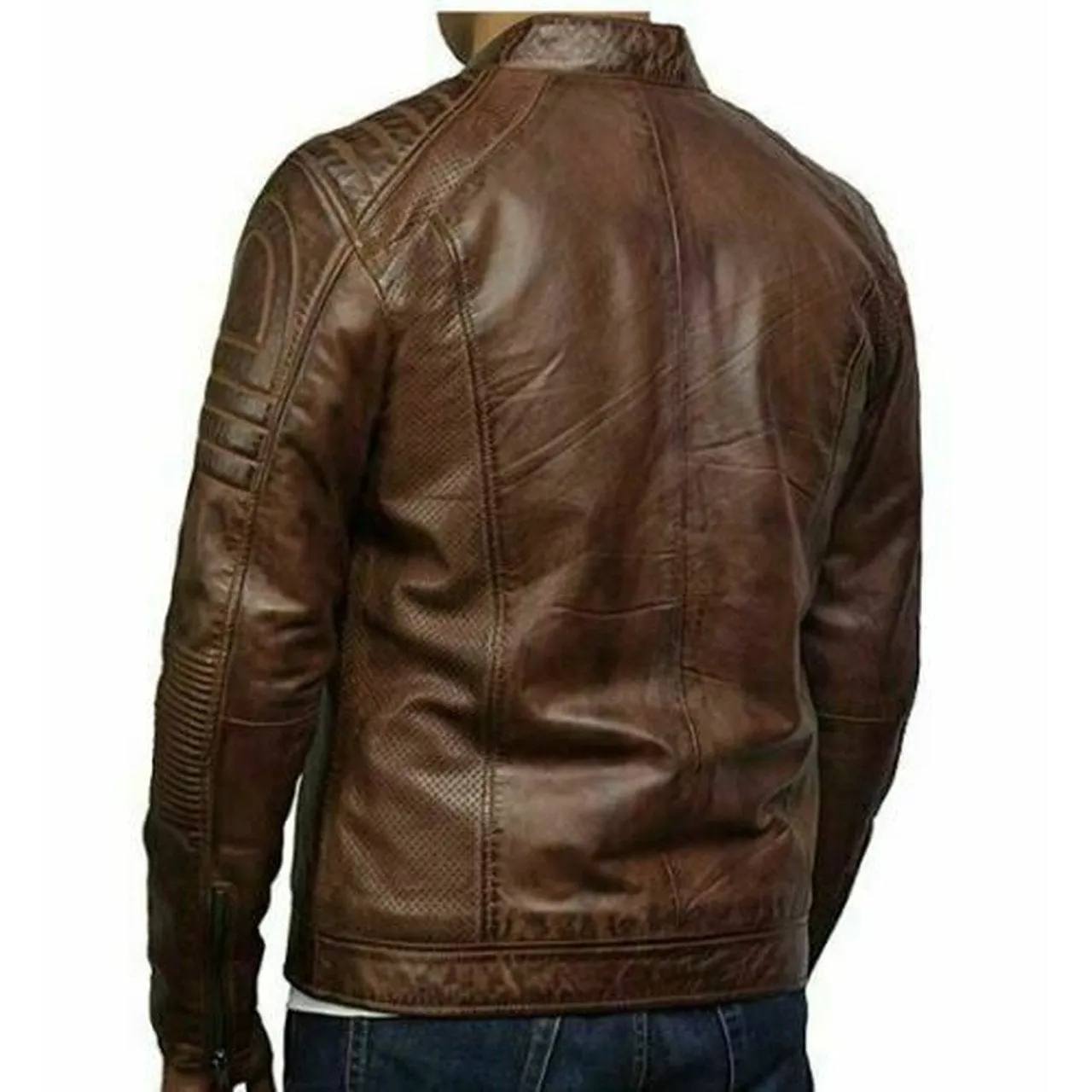 Vintage Motorcycle Biker Distressed Brown Cafe Racer Quilted Leather Jacket