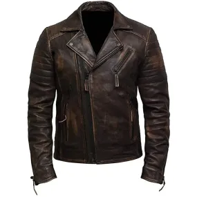 Vintage Style Double Zip Distressed Brown Biker Leather Jacket Mens