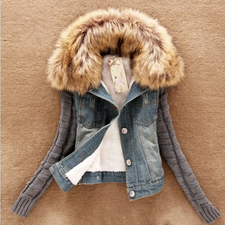 Women Spring Denim Jacket faux fur Coat Casual Clothing Overcoat Tops Female Jeans Coat blue 2019