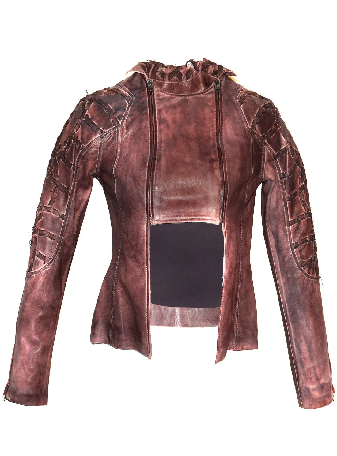 Women Washed Vintage Leather Jacket with Abstract Design at Shoulder