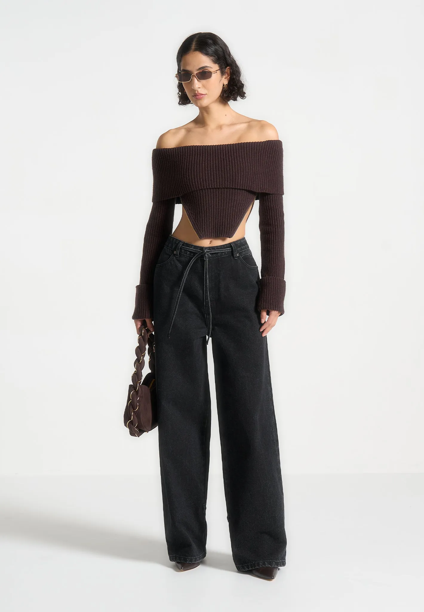 Zip Detail Knit Bandeau Top - Brown